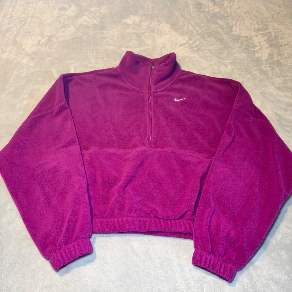Nike Women's Therma-FIT Cropped Fleece Quarter Zip Pullover Sweater Pink Size S